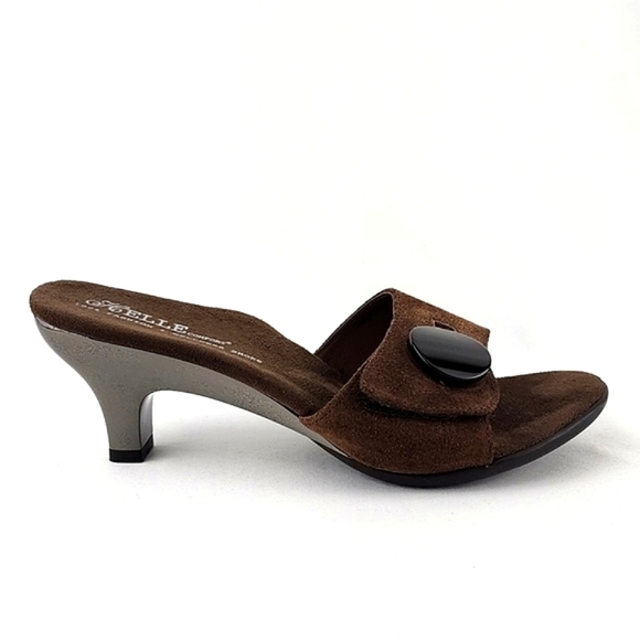 Helle Comfort Brown Suede Chrome Kitty Heeled Slip On Sandals Arch Support Sz 38 - Picture 3 of 16